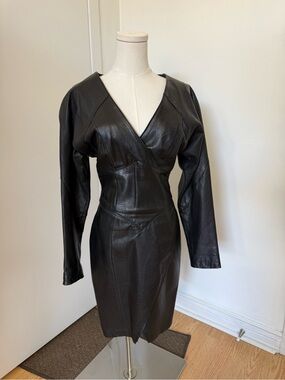Tannery West Black Leather Wrap-Front Long Sleeve Dress